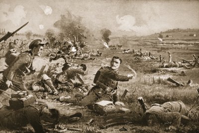 Il sergente B.C. Shea che raduna e incoraggia gli uomini del suo reggimento dopo essere stato gravemente ferito a Rouges Bancs da John Harris Valda