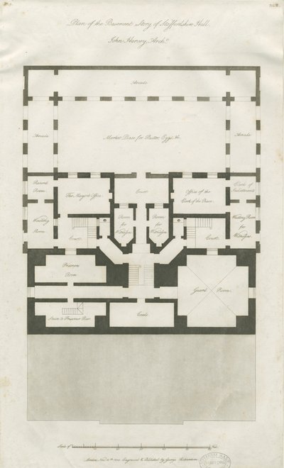 Stafford - Piano del seminterrato della Shire Hall: incisione, nd [1794-1798] da John Harvey