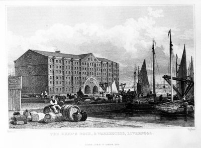 Il molo del Duca e i magazzini, Liverpool, inciso da Thomas Higham, 1829 (incisione) da John Harwood