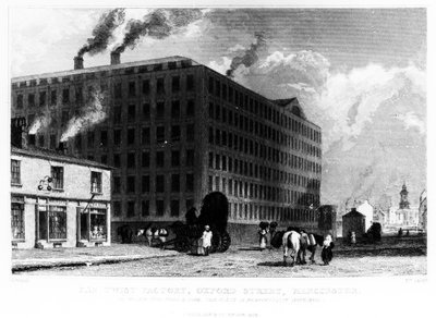 La fabbrica di filati, Oxford Street, Manchester, inciso da John McGahey, 1829 da John Harwood
