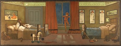 La nursery della famiglia Darling: Peter entra in cerca della sua ombra e Wendy si sveglia, illustrazione da 