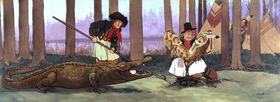 Il pirata, il gentiluomo Starky, è stato catturato dai pellerossa ed è infelice. Smee canta un verso della canzone dei pirati a Capitan Uncino che ora è dentro il coccodrillo, c.1906 da John Hassall