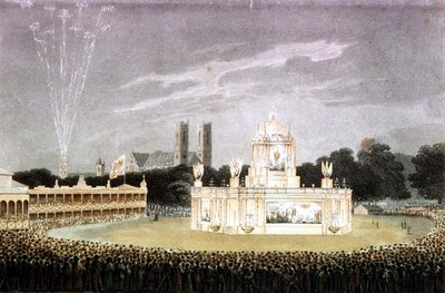 Spettacolo Pirotecnico tenuto a Green Park per celebrare la sconfitta di Napoleone, inciso da Matthew Dubourg pub. 1814 da John Heaviside (after) Clark
