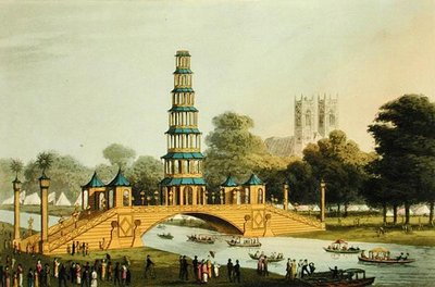 Il ponte cinese e la pagoda, eretti nel parco in commemorazione della Gloriosa Pace del 1814, incisi da Matthew Dubourg (fl.1785-20) da John Heaviside (after) Clark