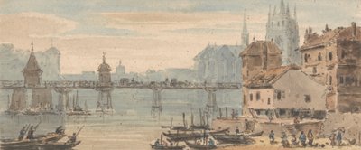 Basilea, centro del ponte, lungomare, con figure e navi a destra, con la cattedrale che si erge dietro gli edifici da John Henderson