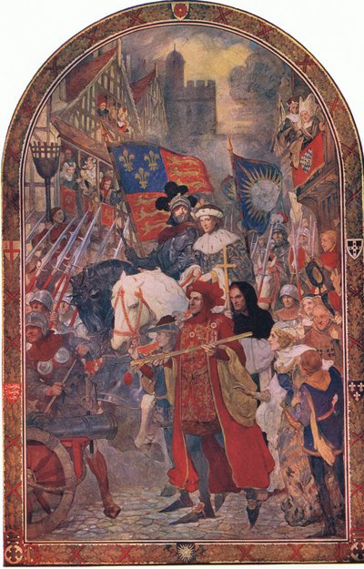 Enrico VI. Battaglia di Barnet 1471: Le bande addestrate che marciano a sostegno di Edoardo IV, da La Storia del Popolo Britannico di Cassell pubblicato da Waverley Book Company Limited, c.1940 da John Henry Amshewitz