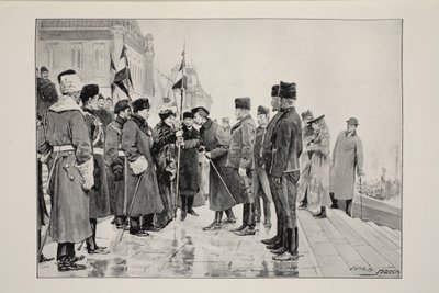 Lady Minto che presenta i colori al cavallo di Herchmer, in partenza da Ottawa, 19 gennaio 1900, da una fotografia di J.C. Hemment da John Henry Frederick Bacon