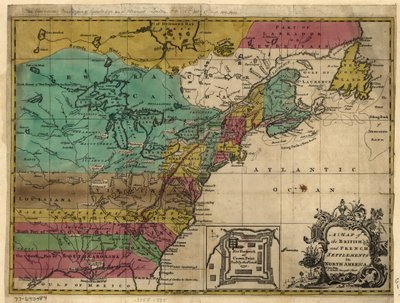 Mappa degli insediamenti britannici e francesi in Nord America. LOC 77690484 da John Hinton