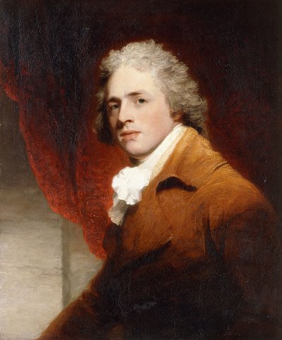 Ritratto di un gentiluomo, mezzo busto, con una cravatta marrone e bianca, una tenda rossa dietro da John Hoppner