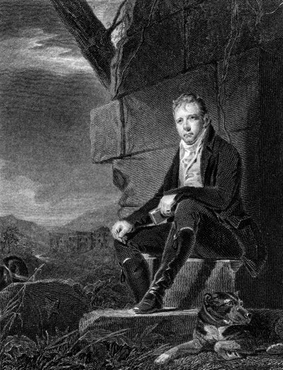 Walter Scott, poeta e romanziere scozzese, seduto su una pietra, accompagnato da un cane da John Horsburgh