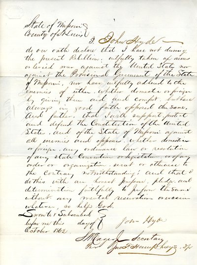 Giuramento di fedeltà di John Hyde del Missouri, Contea di St. Louis da John Hyde
