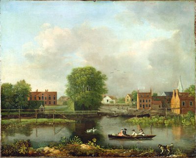 Paesaggio fluviale, probabilmente una vista dal lato ovest del ponte di Rochester, 1800-10 da John Inigo Richards