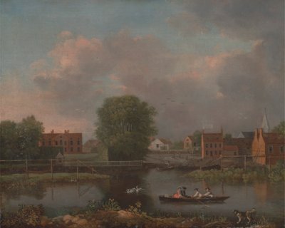 Un paesaggio fluviale, possibilmente una vista dal West End del ponte di Rochester da John Inigo Richards RA