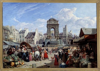 Le marché et la Fontaine des Innocents a Parigi da John James Chalon