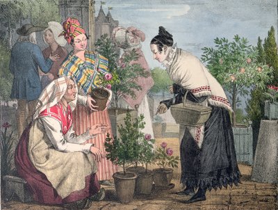 Il mercato dei fiori, Parigi, inciso da Charles Joseph Hullmandel (1789-1850), pubblicato nel 1821 da John James Chalon