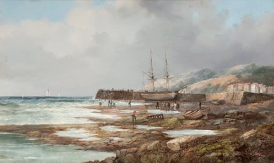Senza titolo [Nave a vela attraccata con villaggio sullo sfondo] da John James Wilson