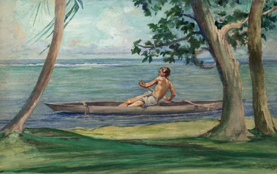 Ragazzo in canoa davanti alla nostra casa, Vaiala, Samoa da John La Farge