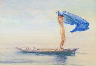 Ragazza in prua di canoa che stende il suo perizoma per una vela, Samoa, c.1895-96 da John La Farge or Lafarge