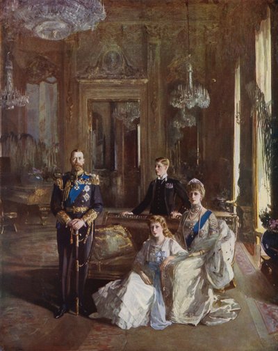 Re Giorgio V, la regina Maria, il principe di Galles e la principessa Maria nella White Drawing Room, Buckingham Palace, Londra, 1913 da John Lavery