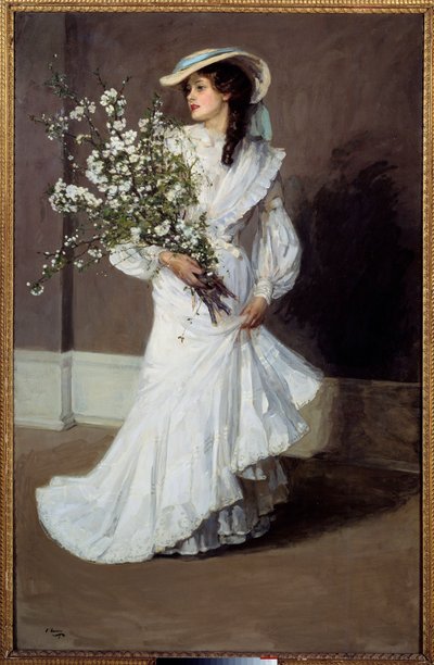 Primavera. Allegoria della primavera: ritratto di una donna vestita di bianco con un mazzo di fiori. Dipinto di Sir John Lavery (1856-1941) da John Lavery