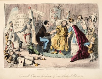 Il braccio di Edoardo nelle mani dei suoi consiglieri medici, da The Comic History of England, pub. 1864 da John Leech