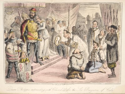 La regina Filippa intercede con Edoardo III per i sei borghesi di Calais, da The Comic History of England, pub. 1864 da John Leech