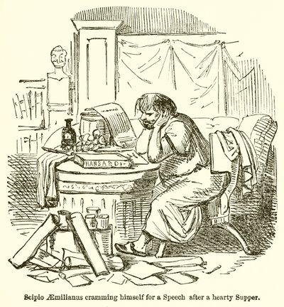 Scipione Emiliano che si prepara per un discorso dopo una cena abbondante da John Leech