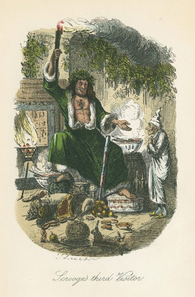 Il fantasma del Natale presente appare a Scrooge. Illustrazione di John Leech per 