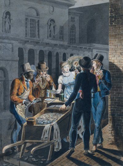 Vita notturna a Filadelfia - un carretto di ostriche davanti al Chestnut Street Theater, 1811-1813 da John Lewis Krimmel