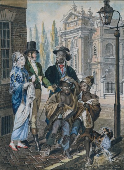 Gente mondana che interroga spazzacamini e il loro maestro davanti alla Christ Church..., 1811-ca. 1813 da John Lewis Krimmel
