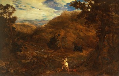 Un ampio paesaggio montuoso boscoso con Davide e il leone da John Linnell