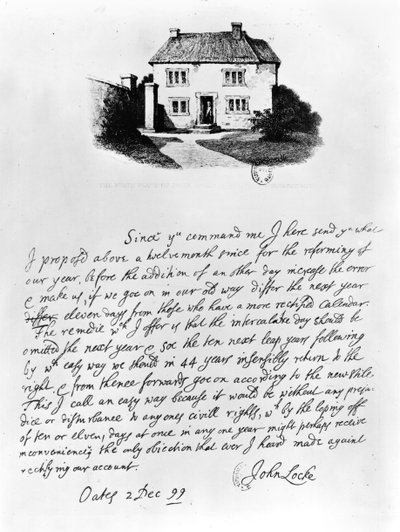Facsimile di una lettera che illustra la casa in cui nacque Locke a Wrington, Somerset da John Locke