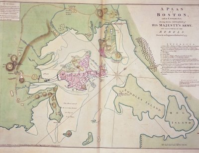 Piano di Boston e dei suoi dintorni che mostra la posizione delle forze britanniche e delle forze ribelli americane, disegnato ottobre 1775, stampato in 