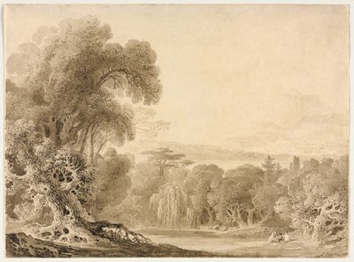 Figure sedute vicino a un lago in un paesaggio boscoso da John Martin