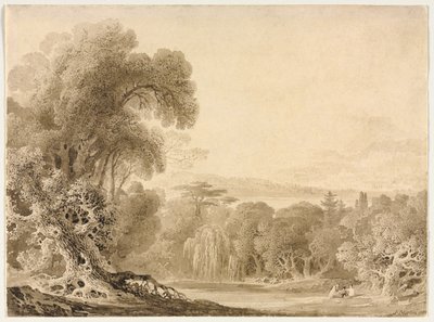 Figure sedute vicino a un lago in un paesaggio boscoso, 1820 da John Martin