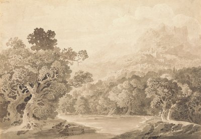 Riva Boscosa del Fiume, Città Collinare e Cime Montuose in Lontananza da John Martin