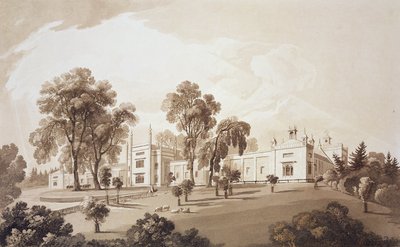 Veduta della fattoria con schermo per le stalle e gli edifici agricoli della casa di Sezincote, inciso da Frederick Christian Lewis Snr., c.1817-18 da John Martin