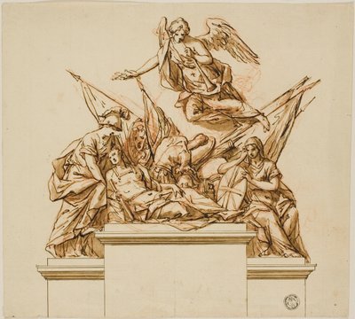 Guerriero accompagnato da Britannia, Minerva e Fama (recto); Progetto per il monumento a Nicholas Rowe (verso) da John Michael Rysbrack