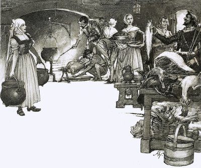 Cucinare su un fuoco aperto in una cucina elisabettiana da John Millar Watt