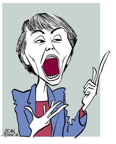 Camille Paglia - caricatura con bocca aperta da John Minnion