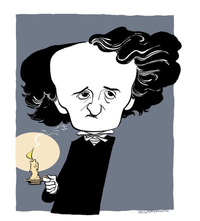 Edgar Allan Poe - caricatura, con in mano un bastone da candela da John Minnion