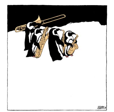 Banda di pinguini - caricatura di un gruppo di pinguini che suonano strumenti a fiato - trombone e sassofoni da John Minnion