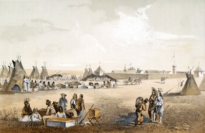 Fort Union e distribuzione di beni agli Assiniboins, pub. 1860 da John Mix Stanley