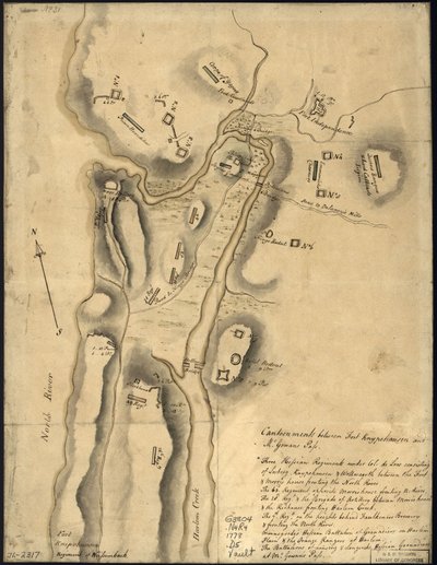 (Disposizione delle truppe britanniche, con fortificazioni a nord di Fort Knipehausen, cioè da Fort Washington a Fort Independence. LOC gm71002317 da John Montresor