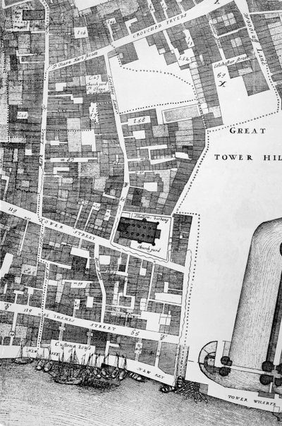 Dettaglio di una grande e accurata mappa della città di Londra da John Ogilby