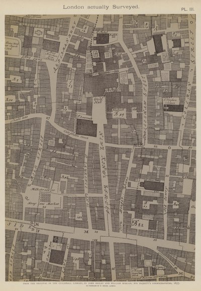 Mappa di una parte della Città di Londra, che mostra la posizione di Guildhall da John Ogilby