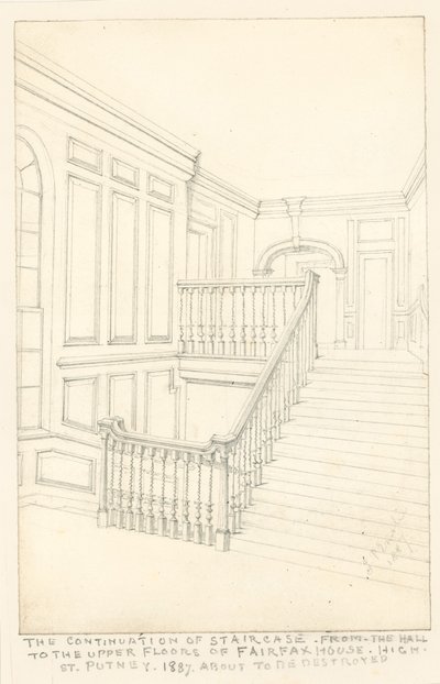 La continuazione della scala, dalla sala ai piani superiori, di Fairfax House, High Street, Putney, 1887 da John Phillipp Emslie