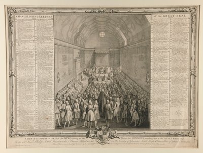 Veduta della Camera dei Lord, il re seduto sul trono, i Comuni che lo assistono alla fine della sessione 1741/2 da John Pine
