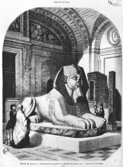 La sfinge di granito rosa nelle sale egiziane del Museo del Louvre, illustrazione da 