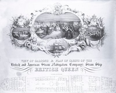 Vista dei saloni e piano delle cabine della nave a vapore la British Queen, c.1839 da John R. Isaac